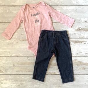 Carters 6m Baby Girl Outfit Long Sleeve Bodysuit Faux Denim Leggings Blue Set